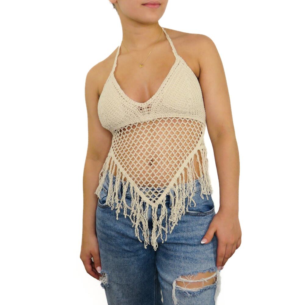 Shein Cream Crochet Bralette Halter Top Frayed Tassels Cropped